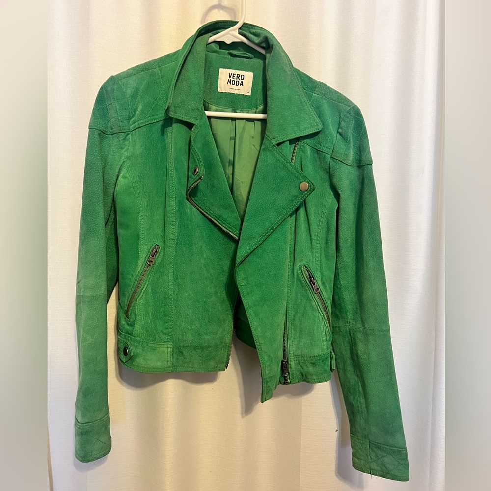 Green suede moto jacket